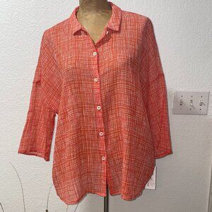 NWT $338 Orange & White Pt. Silk Crinkle Blouse WHYCI MILANO XL / 48 Ita…